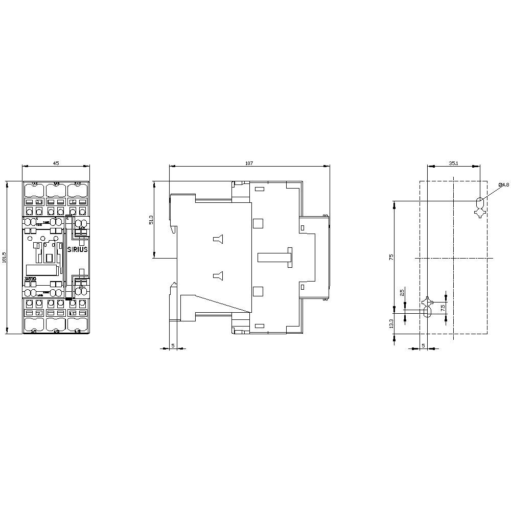 Schaltplanzeichnung eines elektrischen Bauteils mit Frontansicht, Seitenansicht und oberen Maßen. Maße und technische Details sind angegeben.