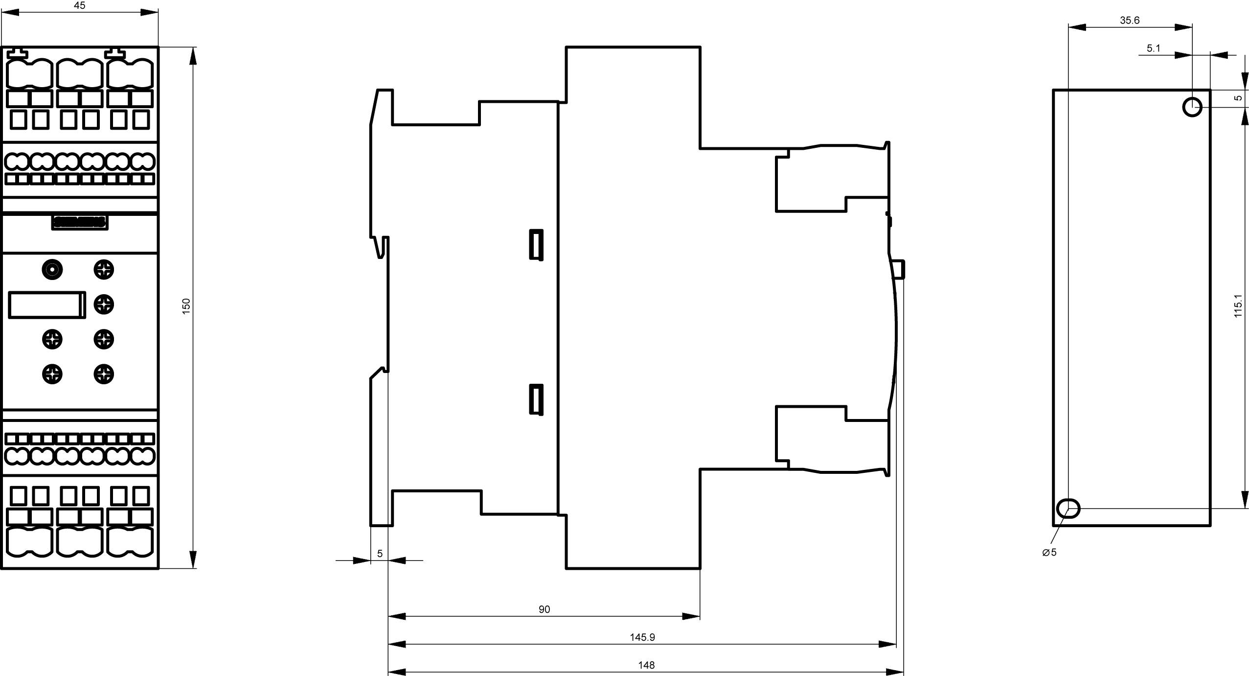 Technische Zeichnung eines Schütz-Moduls mit Vorder-, Seiten- und Draufsicht. Dimensionen und Maße inklusiv.