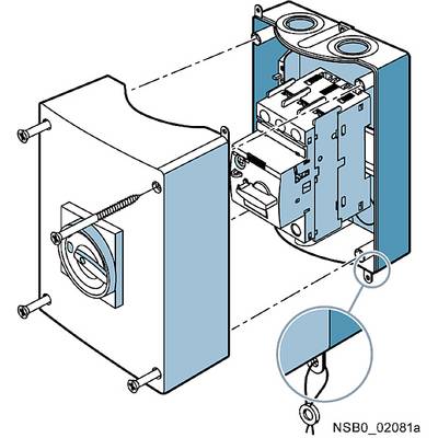 Eine technische Zeichnung zeigt die Installation eines elektrischen Schalters in einer Wandbox. Schrauben verbinden die Bauteile.