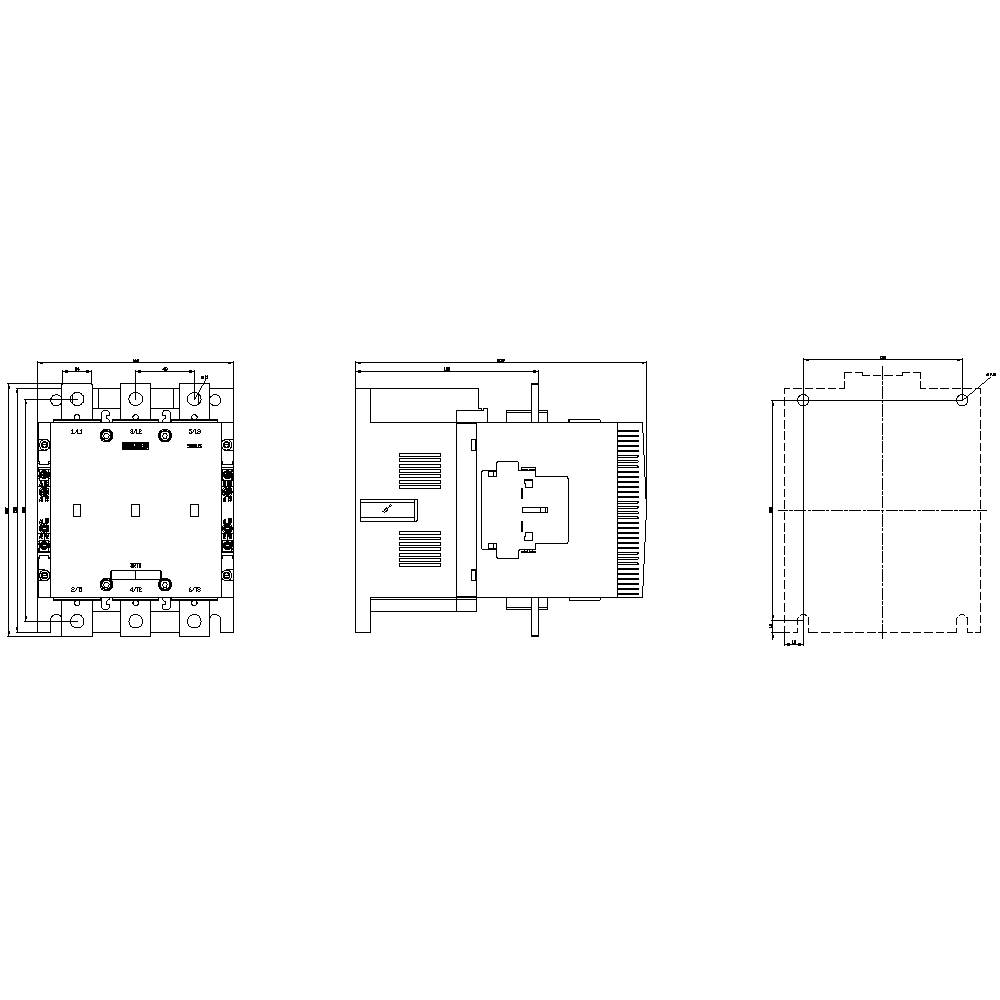 'Technische Zeichnung eines elektrischen Geräts in drei Ansichten: Vorderansicht, Seitenansicht und Draufsicht. Zeigt Layout und Komponenten.'
