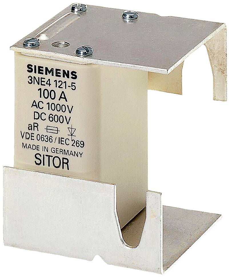 Industriesicherung von Siemens, Modell 3NE4 121-5, 100 A, geeignet für AC 1000V und DC 600V, hergestellt in Deutschland.