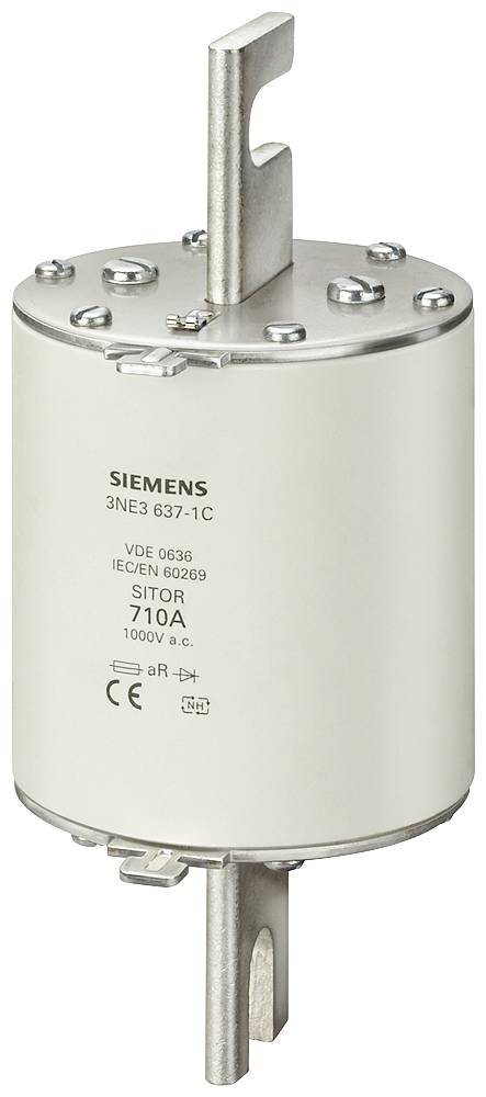 Ein zylindrischer Siemens-Sicherungseinsatz mit Metallanschlüssen oben und unten, Modell 3NE3 637-1C, 710A, 1000V a.c., SITOR.