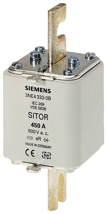 Industriesicherung von Siemens, Modell SITOR, 450 A, 800 V. Rechteckige Form mit zwei Anschlusslaschen oben und unten.