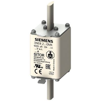 'Siemens 3NE8 2...-0MK', SITOR-Sicherungseinsatz. Gehäuse zeigt technische Spezifikationen und CE-, EAC-Kennzeichnungen.