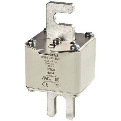 Ein Sicherungselement mit Metallanschlüssen, ausgelegt für 630A und 690V, überwiegend silbern. Aufdruck 'SITOR' und '3NE8 236-3MK'. Hergestellt in Griechenland.