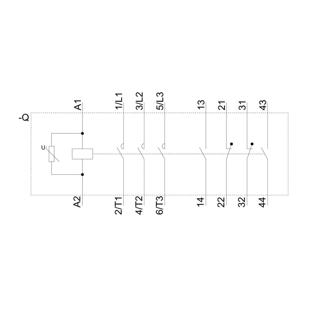 'Zeigt ein elektrisches Schaltplan-Diagramm mit Anschlussklemmen A1, A2 und Leitungen markiert als 1/L1, 3/L2, 5/L3, 2/T1, 4/T2, 6/T3.'