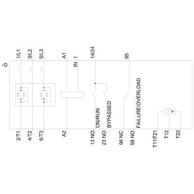 'Schematischer Schaltplan eines elektrischen Systems mit Komponentenkennzeichnung: 2T1, 4T2, 5L3, 6T3 und weitere Schaltelemente.'