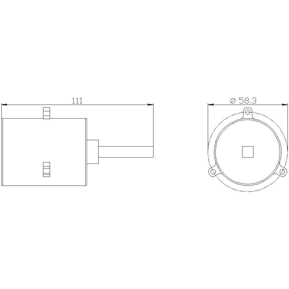 Technische Zeichnung eines zylindrischen Geräts mit Kabel, zeigt Seiten- und Endansicht. Maße: Länge 111 mm, Durchmesser 58,3 mm.