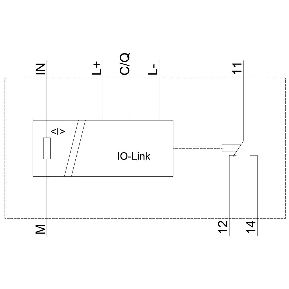Schaltplan zeigt ein IO-Link Sensor mit Anschlüssen: IN, M, L+, C/Q, L-. Verbindungspunkte 11, 12, 14 sind markiert.