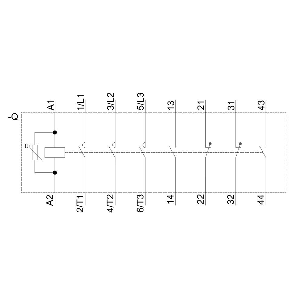 Schaltplan eines Relais mit Anschlüssen A1, A2, und Klemmen 1L1, T1, L2, T2, L3, T3, 13, 14, 21, 22, 31, 32, 43, 44.