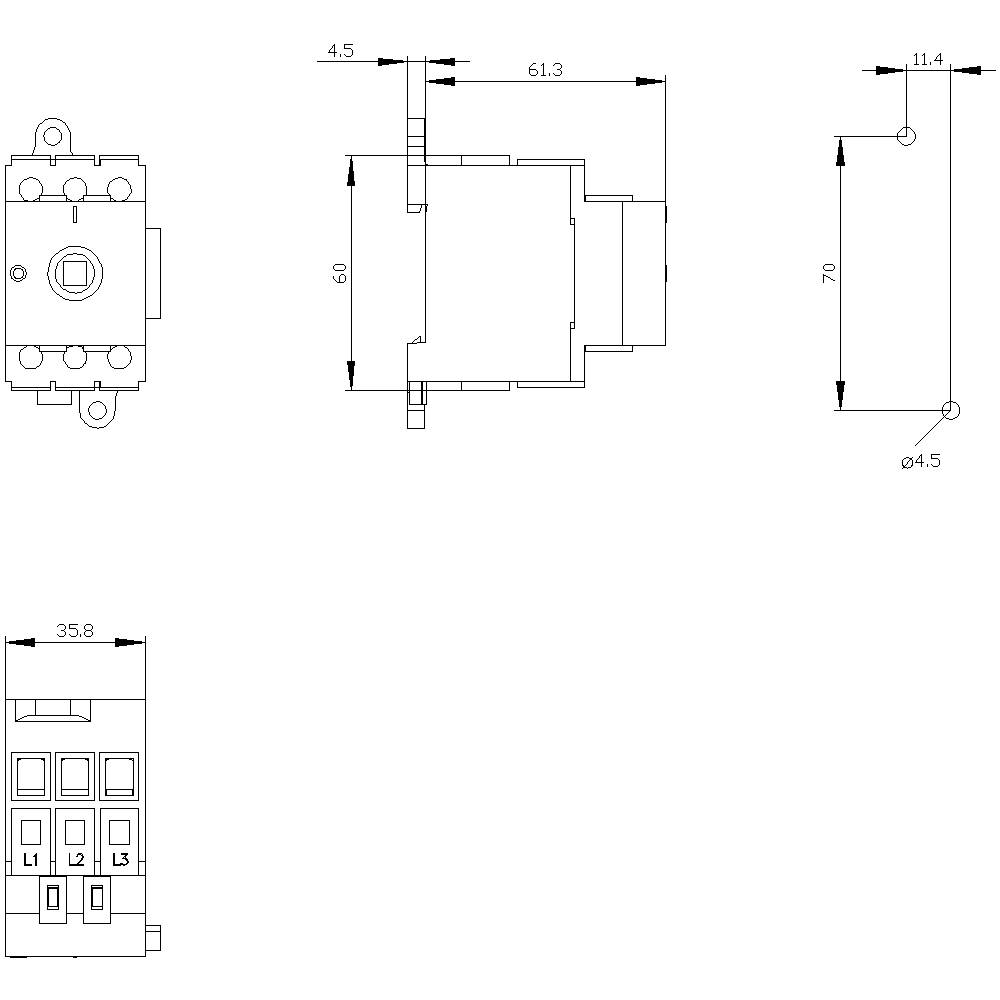Technische Zeichnung eines elektrischen Schalters mit Frontansicht, Seitenansicht und Maßen. Gezeigt sind verschiedene Dimensionen und Anschlussbeschriftungen 'L1', 'L2', 'L3'.