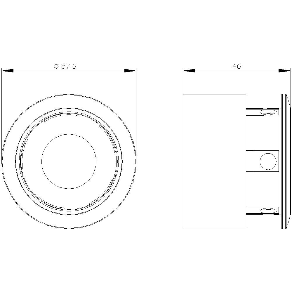 Technische Zeichnung eines zylindrischen Objekts mit einem Durchmesser von 57,6 mm und einer Tiefe von 46 mm, Vorder- und Seitenansicht.