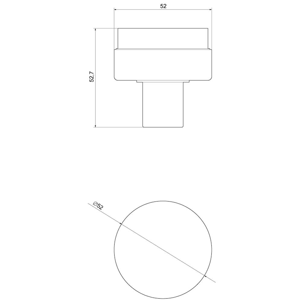 Technische Zeichnung eines zylindrischen Teils mit einem Durchmesser von 52 mm und einer Höhe von 52 mm. Draufsicht und Seitenansicht.