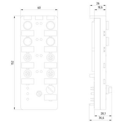 Technische Zeichnung eines rechteckigen Geräts mit Maßen: 152mm x 60mm x 36,6mm. Enthält mehrere Anschlüsse und Bedienelemente.
