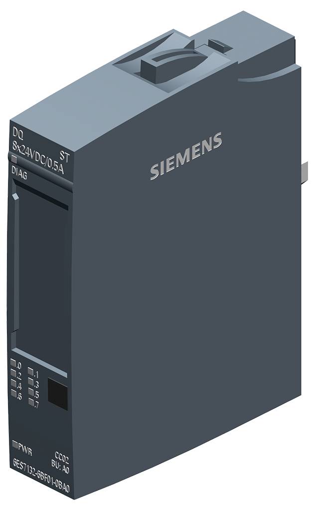 Siemens-Automatisierungsmodul in Grau, vertikal ausgerichtet, mit der Bezeichnung "8x24V DC/0,5A", ausgestattet mit Konnektivitätsanschlüssen und Anzeigelampen.