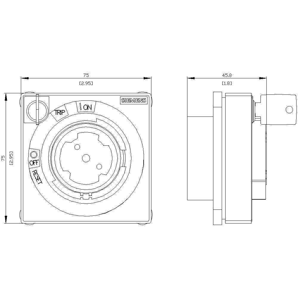 Eine technische Zeichnung eines Siemens-Sicherheitsgeräts mit Maßen: Vorderansicht 75x75 mm, Seitenansicht 45,8 mm. Hauptmerkmale sind 'Trip/Reset'-Knöpfe.