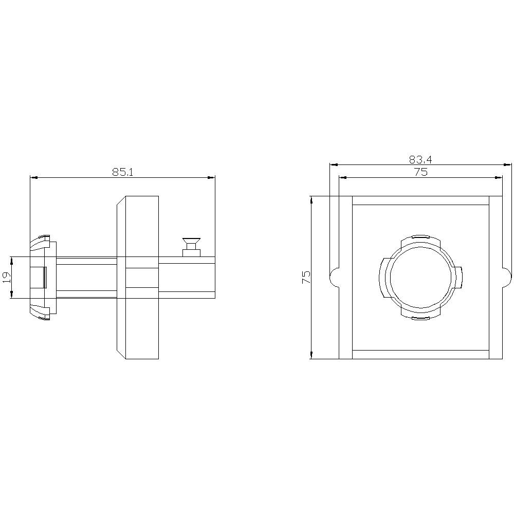 Technische Zeichnung eines Montageblocks mit Abmessungen: 85,1 mm Länge, 83,4 mm Breite, 75 mm Höhe. Seiten- und Oberansicht dargestellt.