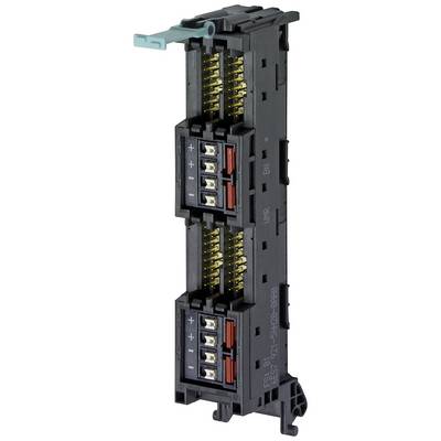 Ein schwarzer elektrischer Steckverbinder mit zwei Reihen von Anschlüssen, plus und minus Symbole sowie rote und schwarze Klemmen.