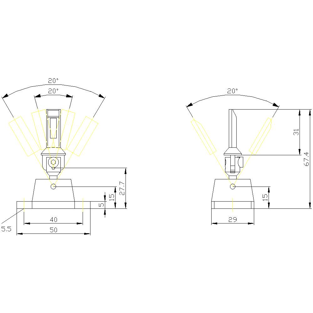 Technische Zeichnung mit Maßen eines mechanischen Teils, zeigt Ansichten mit spezifischen Winkeln und Abmessungen von 20° und 40-50 mm.