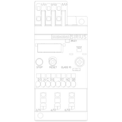 Ein elektrisches Steuergerät von Siemens mit Knöpfen für 'Stop' und 'Reset', LED-Anzeige und Anschlussklemmen für Schutzschaltungen.