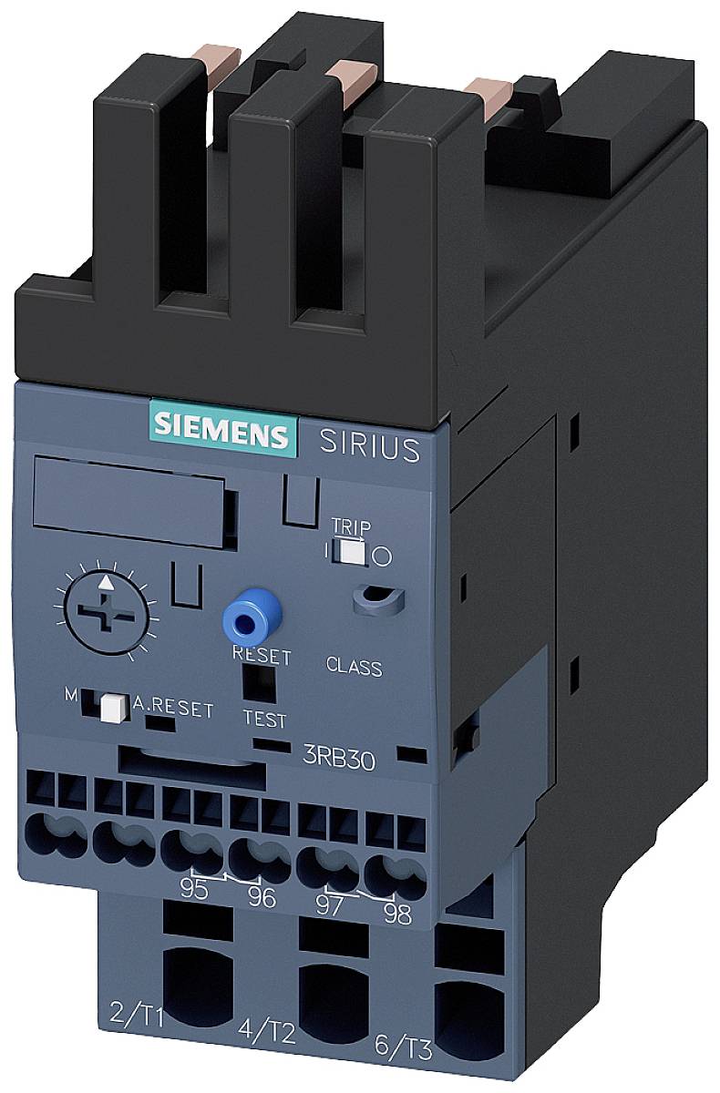 'Siemens Sirius 3RB30' Motorschutzrelais, zeigt Bedienelemente für Reset, Test und Klasse. Geeignet zur Überwachung von Motoren.