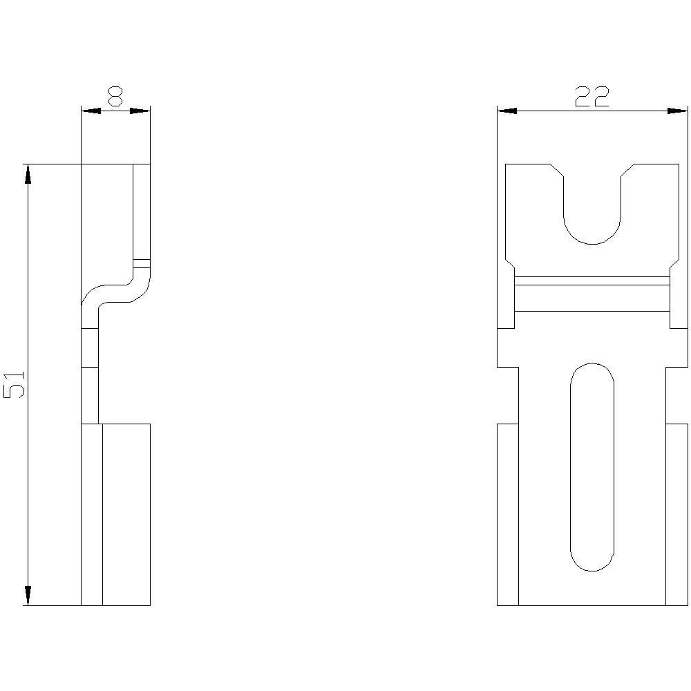 Technische Zeichnung eines Bauteils mit Maßen: Höhe 51 mm, Breite 22 mm, Dicke 8 mm. Profilansicht und Vorderansicht gezeigt.