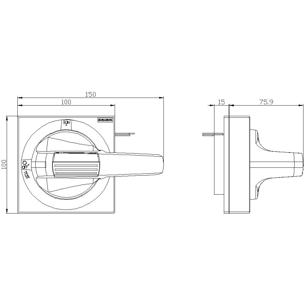 Technische Zeichnung eines Schalters in zwei Ansichten. Frontalansicht zeigt Maße 150x100 mm, Seitenansicht 75,9 mm Tiefe.