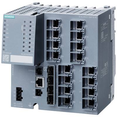 Ein Netzwerk-Switch-Modul mit mehreren Ethernet-Ports von Siemens, Modell Scalance XM416-4C, verwendet in industriellen Umgebungen.