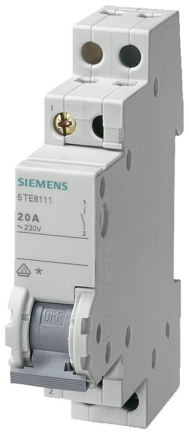 Ein 20A Leitungsschutzschalter von Siemens, Modell 5TE8111, geeignet für 230V. Er hat eine graue, kompakte Bauweise mit Schalter.