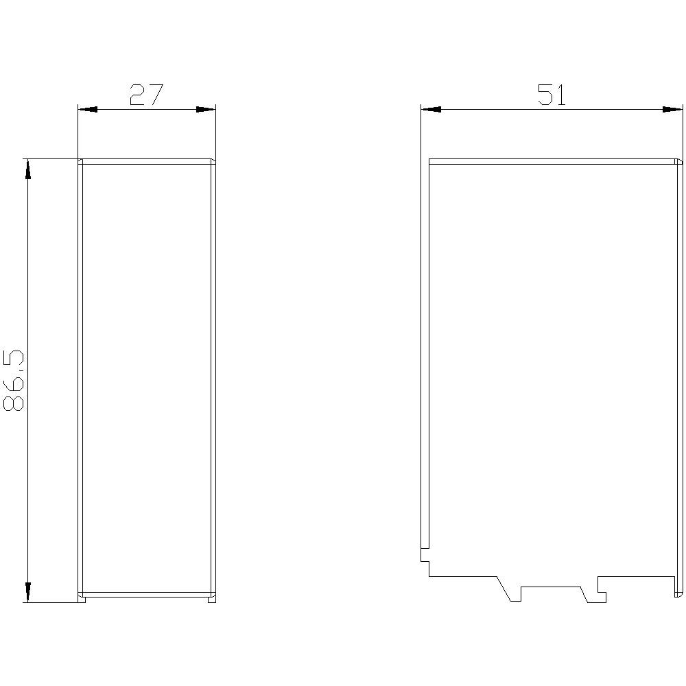 Technische Zeichnung eines rechteckigen Schrankes mit den Maßen 86,5 cm Höhe, 27 cm Breite und 51 cm Tiefe.