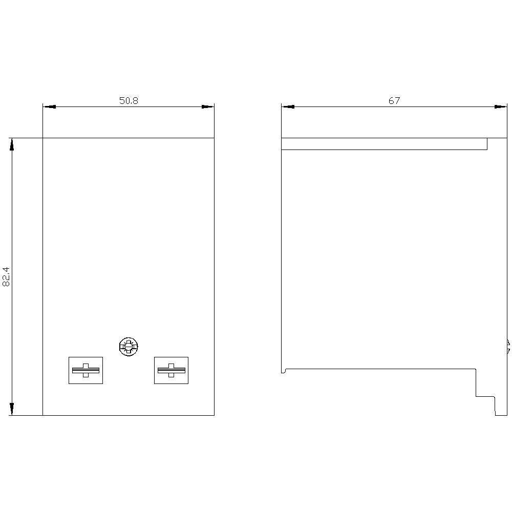 Technische Zeichnung eines rechteckigen Gehäuses mit den Maßen 50,8 x 82,4 und 67 mm, seitliche und frontale Ansicht.