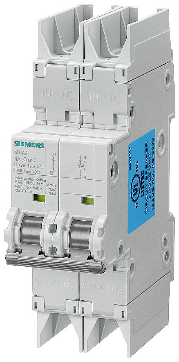 Ein grauer Siemens-Leistungsschalter mit blauer Etikettierung, zwei Kippschalter und technischen Spezifikationen aufgedruckt.
