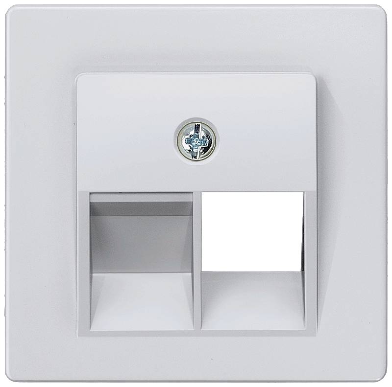 Doppelte Netzwerkanschlussdose mit Deckel auf einer weißen Wand, eine Abdeckung ist offen.