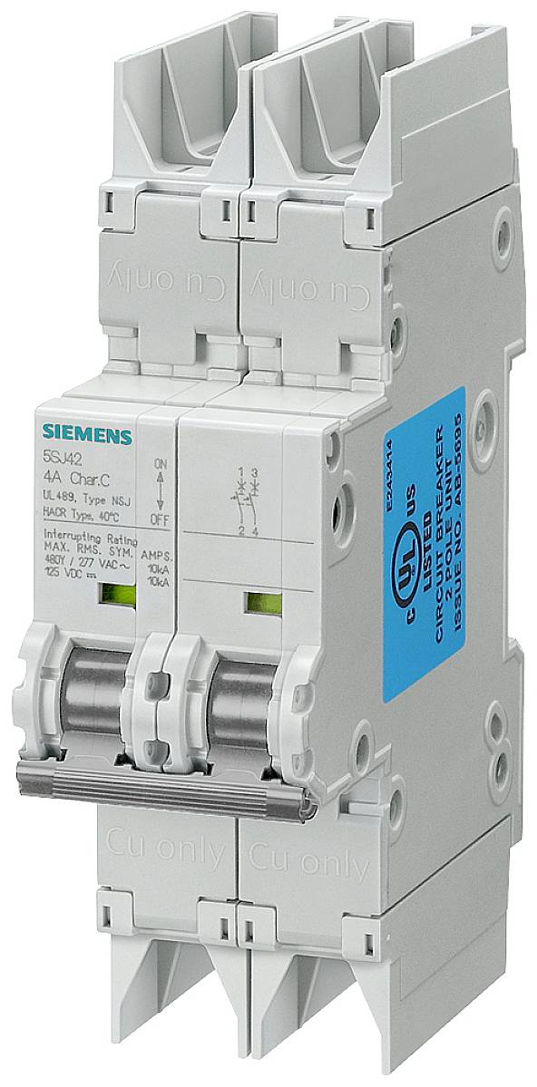Ein zweipoliger Siemens-Leitungsschutzschalter vom Typ C, ausgelegt für 10 Ampere und 240 Volt, mit blauer Prüfplakette auf der rechten Seite.