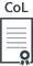 Eine stilisierte Darstellung eines Zertifikats, gekennzeichnet mit 'CoL' oben und einem Kreis mit Band am unteren Rand.