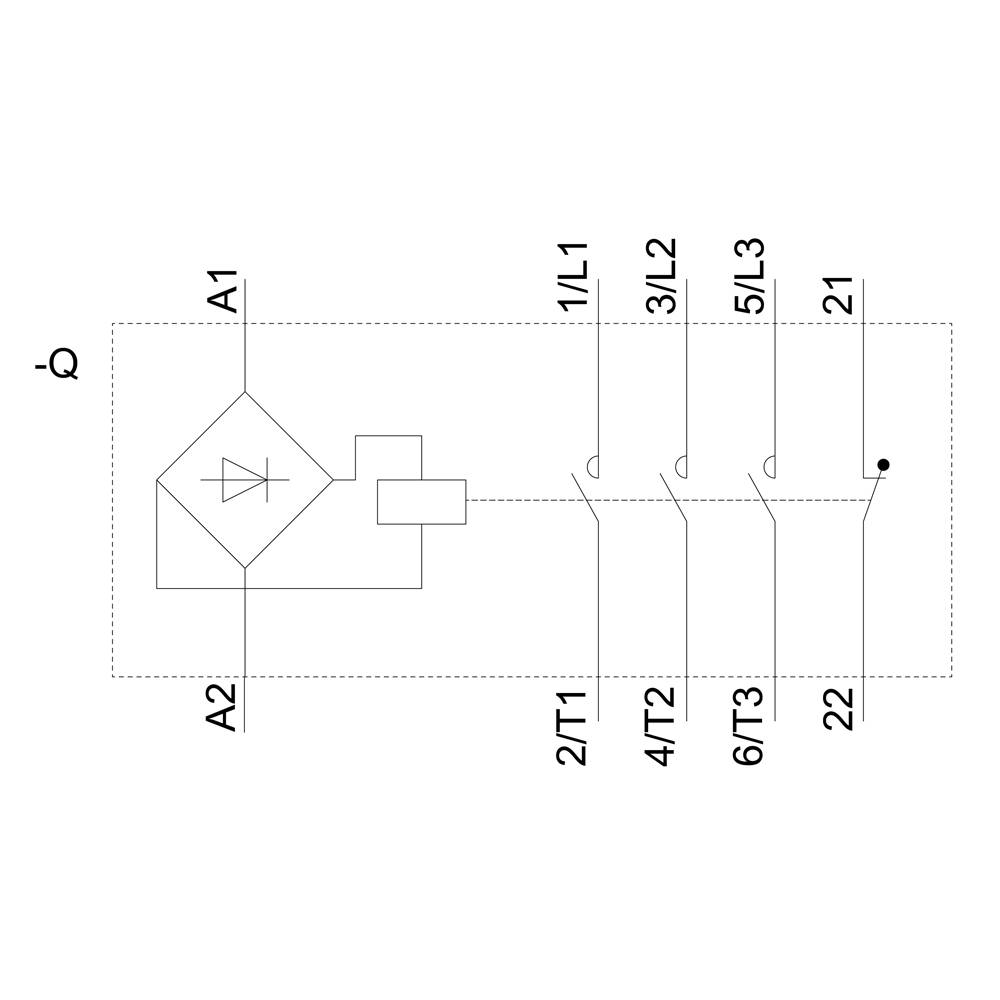 Ein Schaltplan zeigt ein elektrisches Relais mit Anschlüssen A1, A2, 1/L1, 3/L2, 5/L3, 2/T1, 4/T2, 6/T3, 21, und 22.