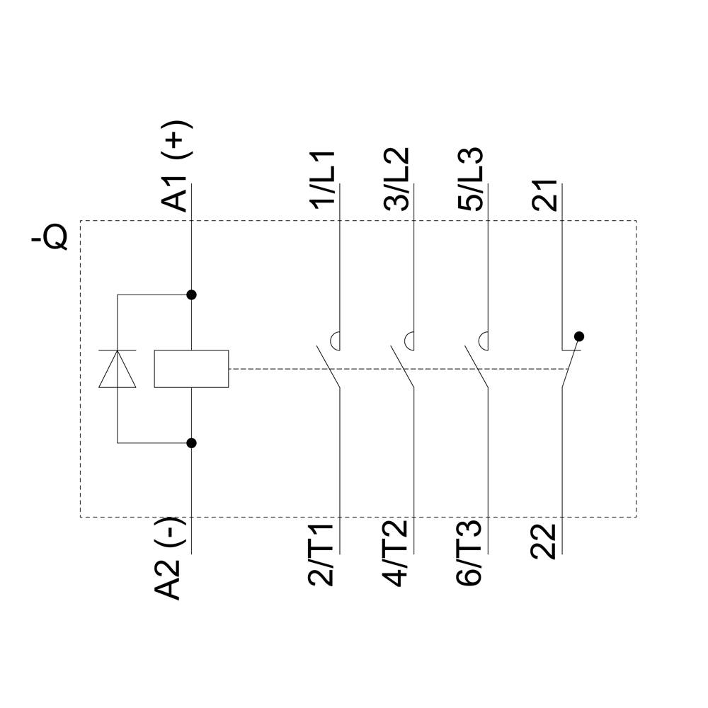 Schaltschema für ein elektrisches Relais mit Anschlüssen A1, A2, 1/L1, 3/L2, 5/L3, 2/T1, 4/T2, 6/T3, 21 und 22.