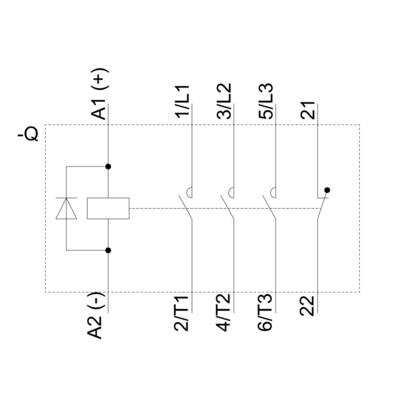 Schaltschema für ein elektrisches Relais mit Anschlüssen A1, A2, 1/L1, 3/L2, 5/L3, 2/T1, 4/T2, 6/T3, 21 und 22.