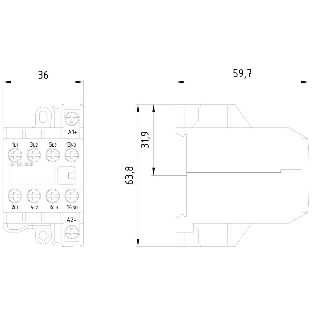 Technische Zeichnung eines elektrischen Relais mit Abmessungen: Breite 36 mm, Tiefe 59,7 mm, Höhe 63,8 mm. Verbindungsanschlüsse und Maßeinteilungen sind angegeben.