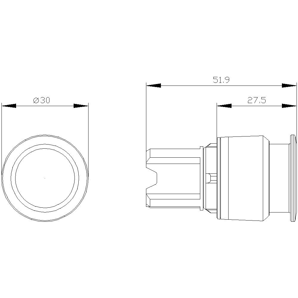 Technische Zeichnung eines zylindrischen Bauteils mit zwei Ansichten; Seitenansicht zeigt Länge 51,9 mm, Durchmesser 30 mm.