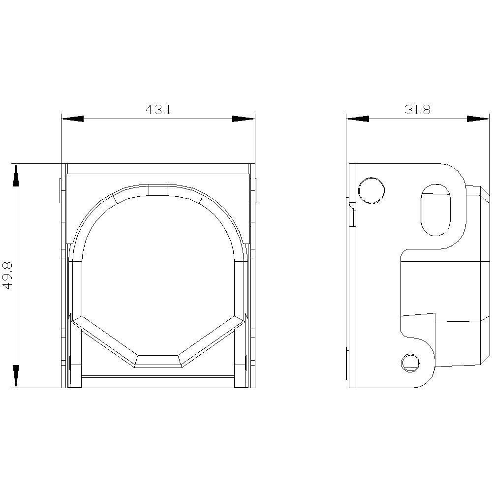 Technische Zeichnung eines Bauteils mit Abmessungen: Breite 43,1 mm, Höhe 49,8 mm, Tiefe 31,8 mm. Draufsicht und Seitenansicht dargestellt.