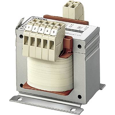 Ein elektrischer Transformator mit sechs nummerierten Anschlussklemmen, angebracht auf einer Metallplatte zur stabilen Befestigung.