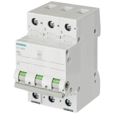 Ein dreipoliger Leitungsschutzschalter von Siemens, Modell 5TL1 3630, ausgelegt für 63A, geeignet für Spannungen bis 400V.