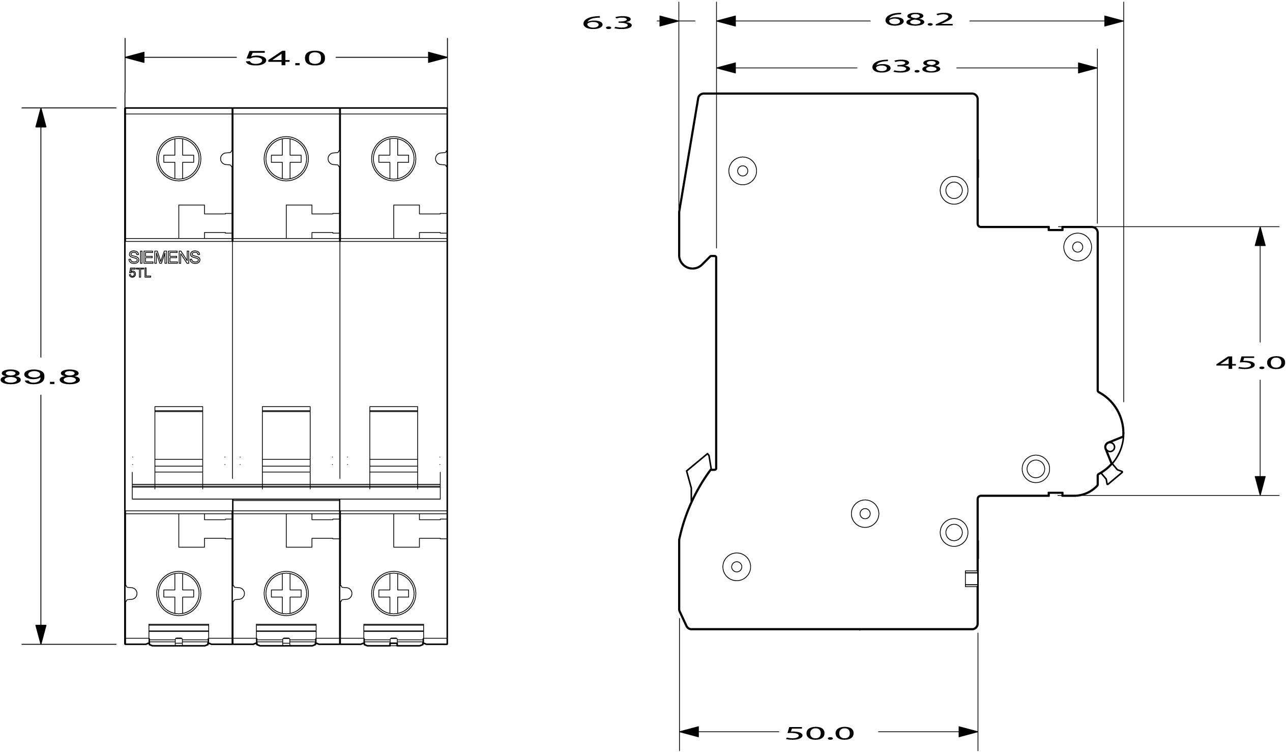 Technische Zeichnung eines elektrischen Schalters mit mehreren Sichtweisen. Maße: 89,8 mm x 54,0 mm x 45,0 mm x 68,2 mm.
