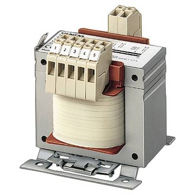 Ein elektrischer Transformator mit sechs Anschlussklemmen, Markenname 'Siemens' sichtbar. Gerät steht auf einer Metallhalterung.