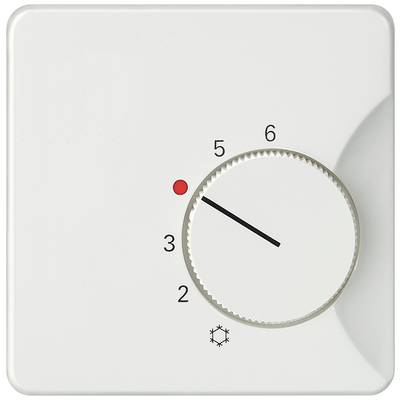 Ein weißes Thermostat mit einem Drehregler, der auf Stufe 4 eingestellt ist. Ein rotes Licht zeigt den aktuellen Betriebszustand an.