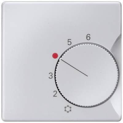 Ein weißes Thermostat mit Skala von 1 bis 6 und einem roten Punkt bei 3; Symbol für Kühlen unten.
