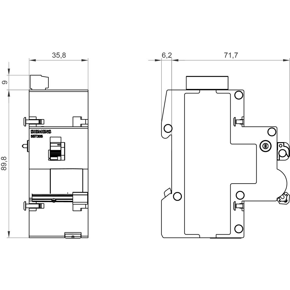 Technische Zeichnung eines Siemens Schalters mit den Maßen 89,8 x 35,8 mm (links) und 71,7 x 6,2 mm (rechts), Seiten- und Frontansicht.