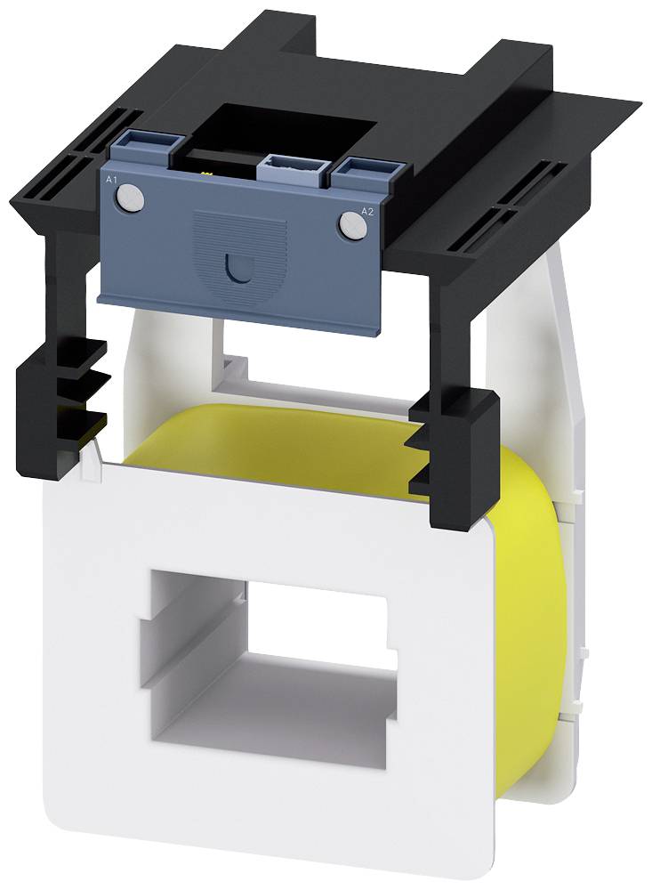 Ein elektrischer Stromwandler mit gelber Spule und schwarzem Gehäuse, montiert auf einem weißen rechteckigen Träger.