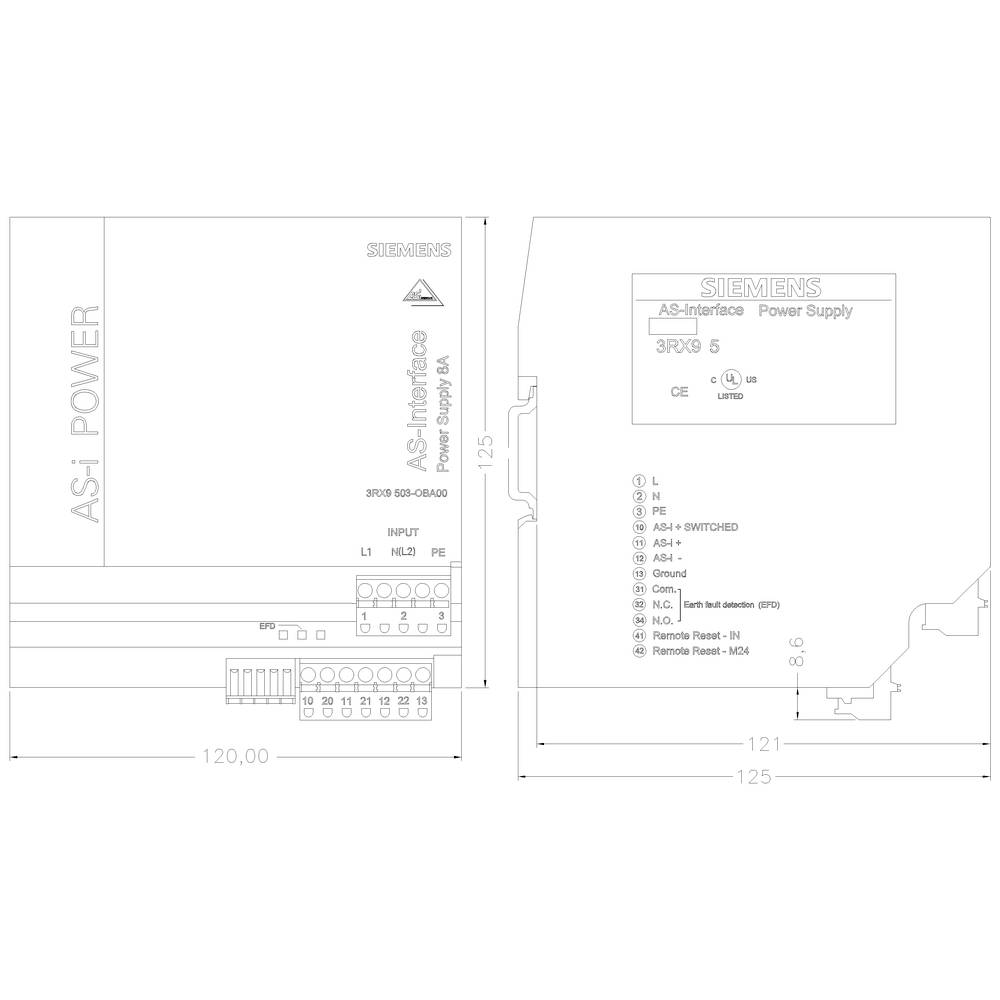 'Technische Zeichnung eines Siemens AS-i Interface-Stromversorgungseinheit. Zeigt Maße, Anschlüsse und technischen Spezifikationen.'
